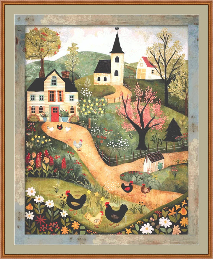 Folk Art Chickens (Max Size/Color) counted cross stitch pattern by Ivy Cottage Home