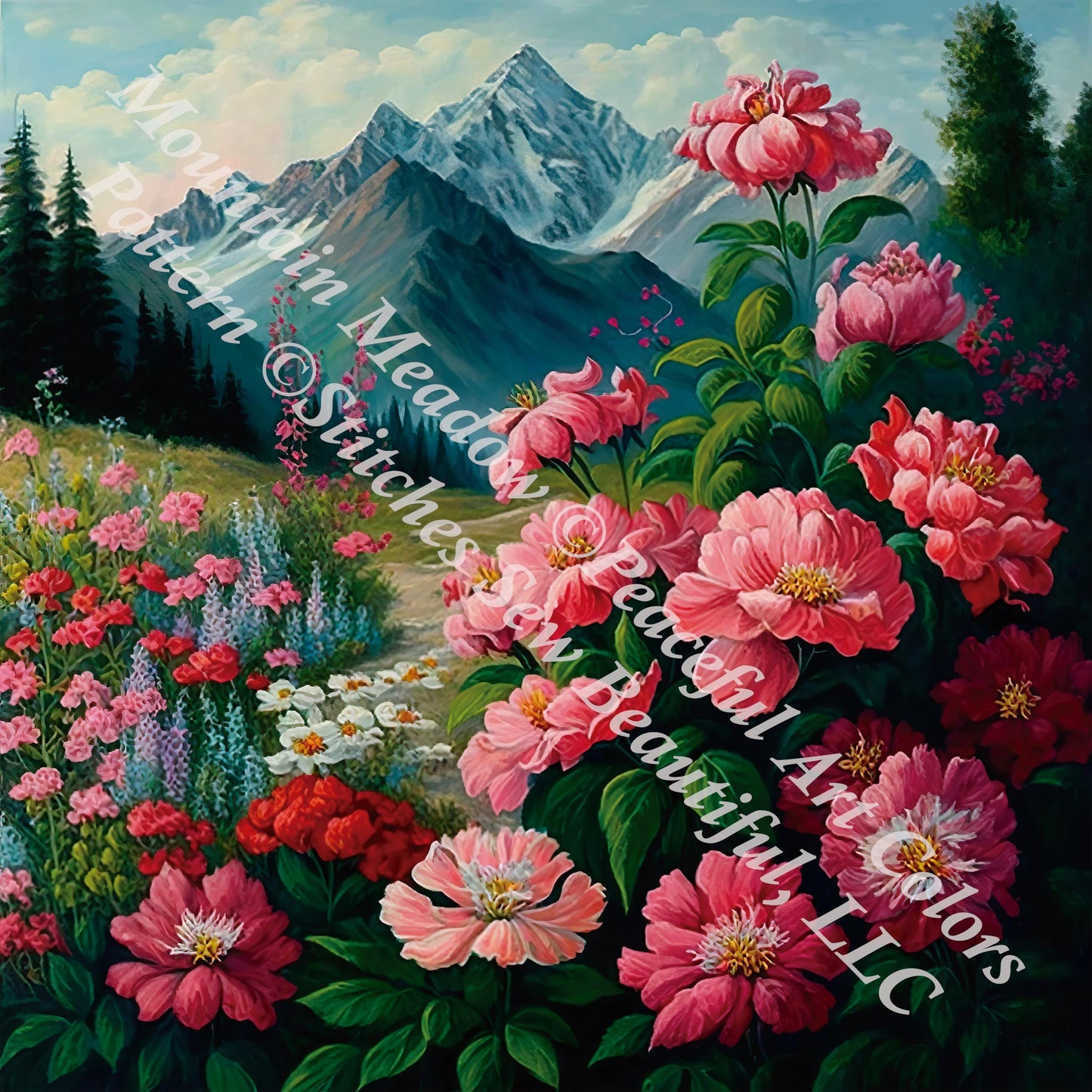 Mountain Meadow (Small) counted cross stitch pattern by Peaceful Art Colors