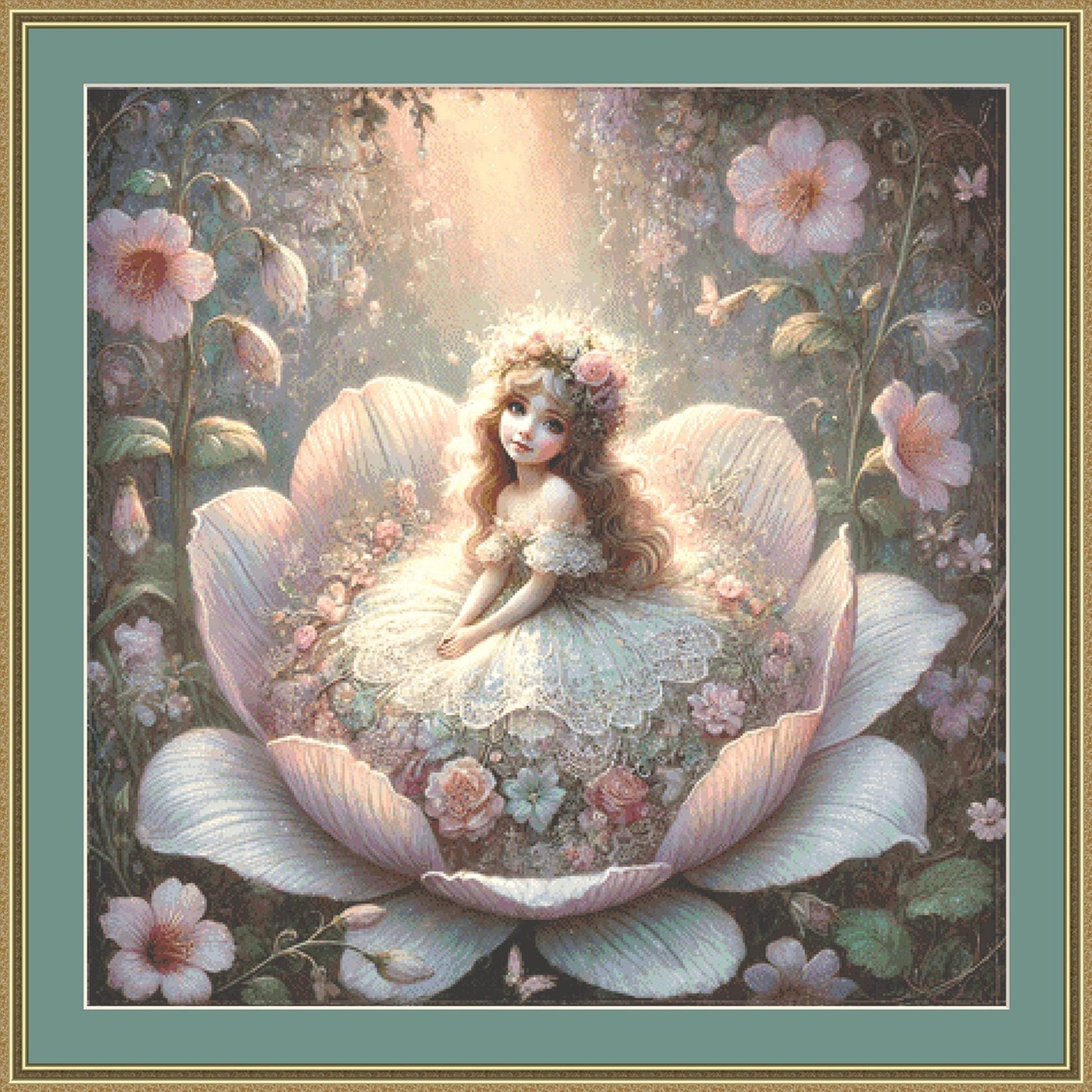 Thumbelina in Bloom counted cross stitch pattern by Mystic Vision Gallery