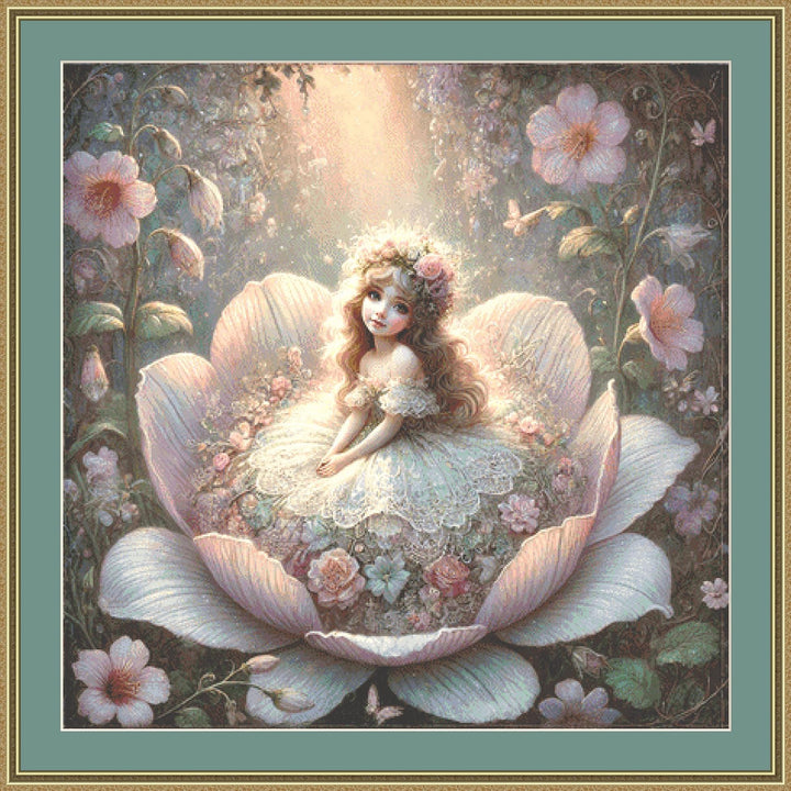 Thumbelina in Bloom counted cross stitch pattern by Mystic Vision Gallery