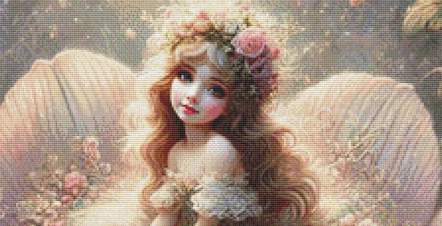 Thumbelina in Bloom counted cross stitch pattern by Mystic Vision Gallery