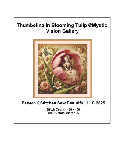 Thumbelina in Blooming Tulip counted cross stitch pattern by Mystic Vision Gallery