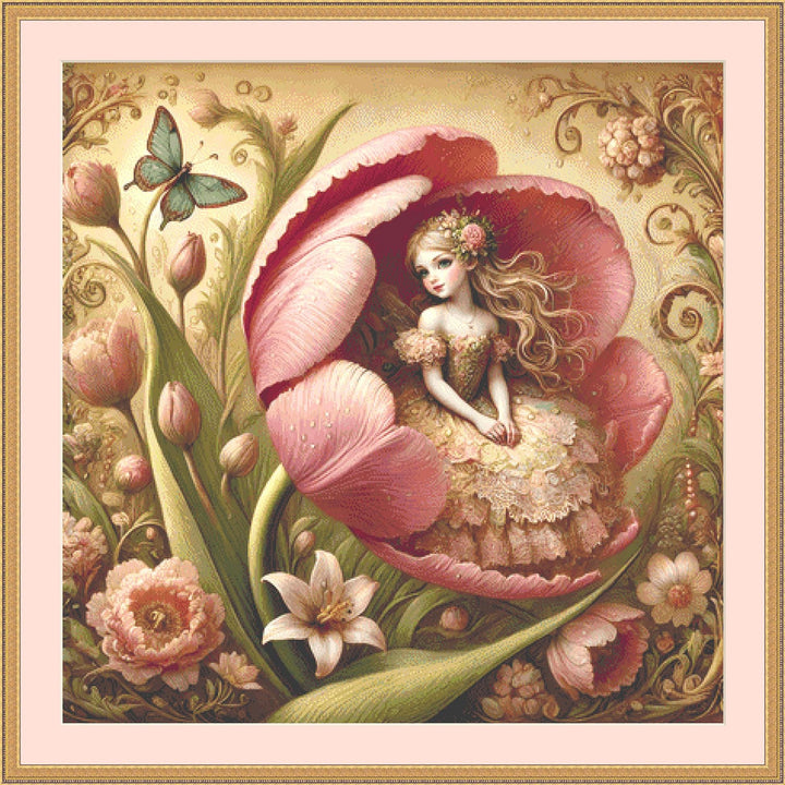 Thumbelina in Blooming Tulip counted cross stitch pattern by Mystic Vision Gallery