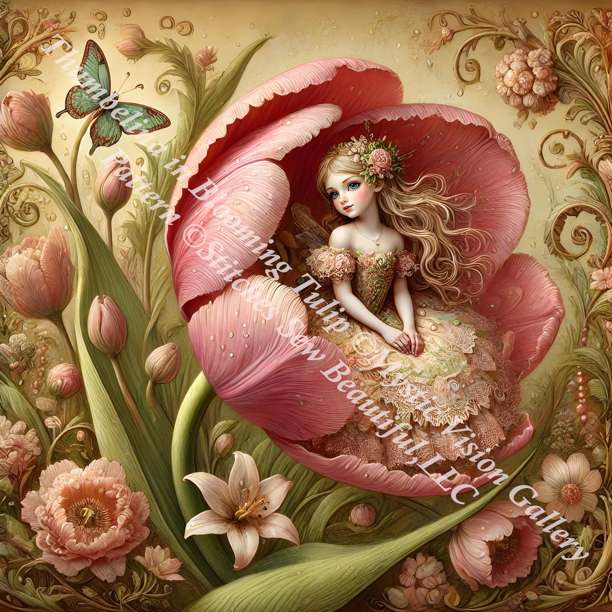 Thumbelina in Blooming Tulip counted cross stitch pattern by Mystic Vision Gallery