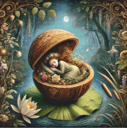 Thumbelina Asleep in a Walnut counted cross stitch pattern by Mystic Vision Gallery