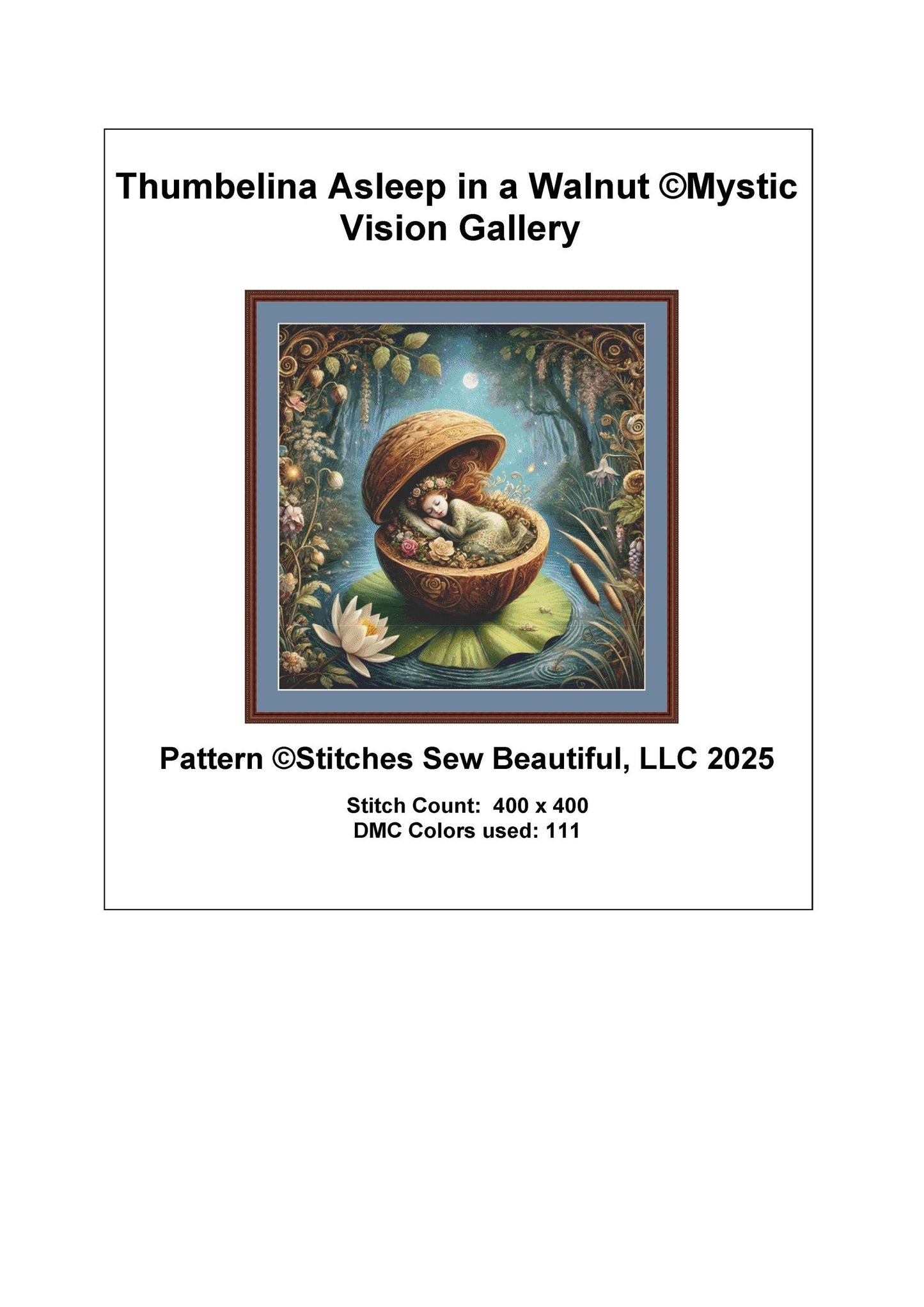Thumbelina Asleep in a Walnut counted cross stitch pattern by Mystic Vision Gallery