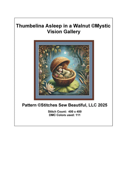 Thumbelina Asleep in a Walnut counted cross stitch pattern by Mystic Vision Gallery