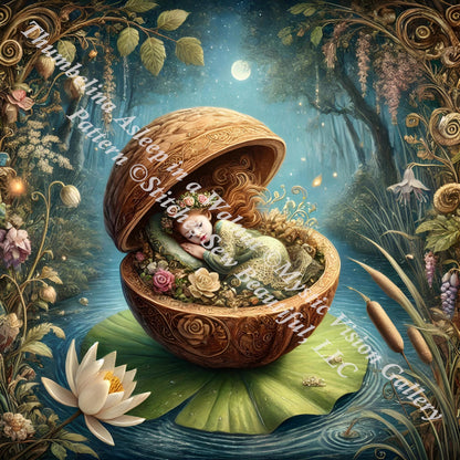 Thumbelina Asleep in a Walnut counted cross stitch pattern by Mystic Vision Gallery