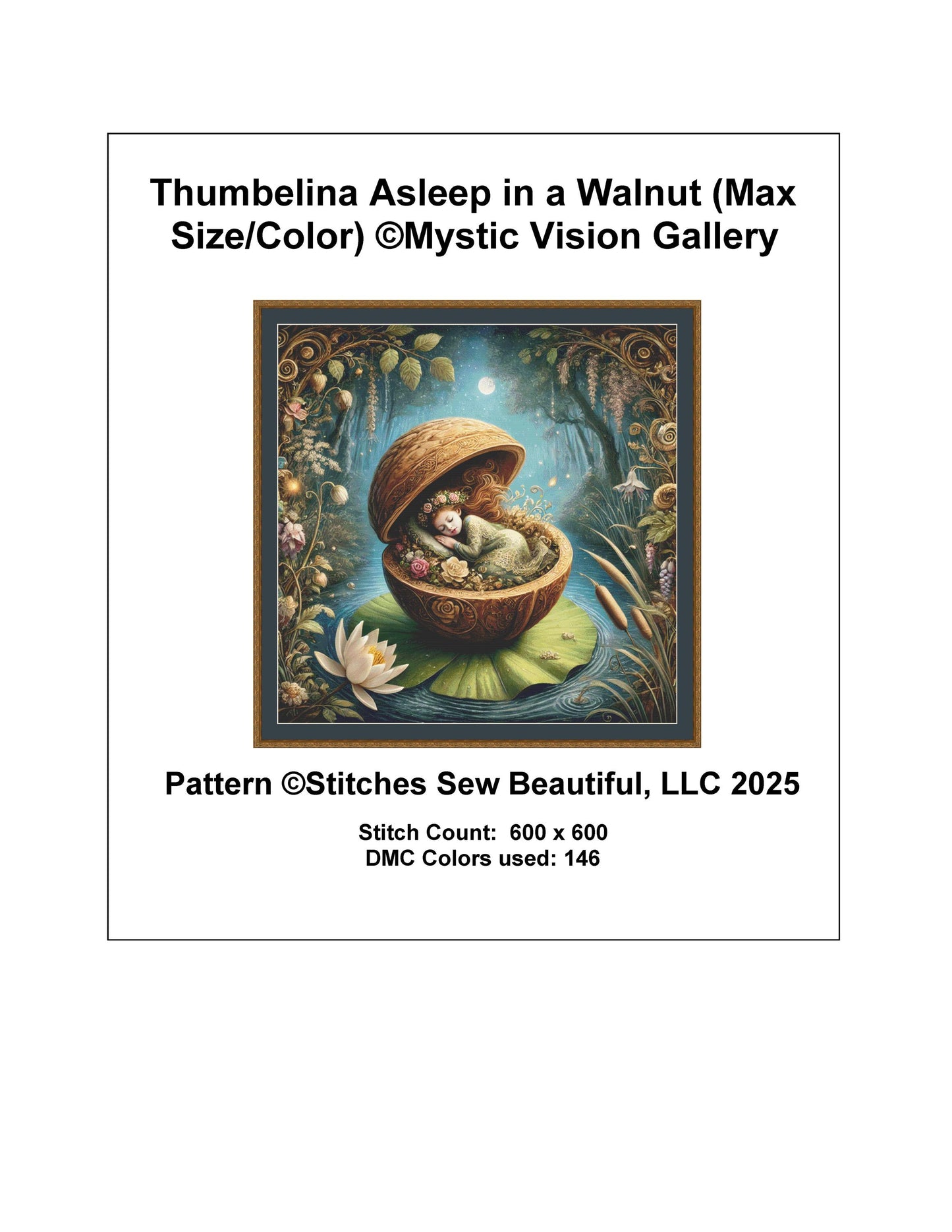 Thumbelina Asleep in a Walnut (Max Size/Color) counted cross stitch pattern by Mystic Vision Gallery