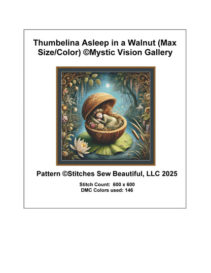 Thumbelina Asleep in a Walnut (Max Size/Color) counted cross stitch pattern by Mystic Vision Gallery