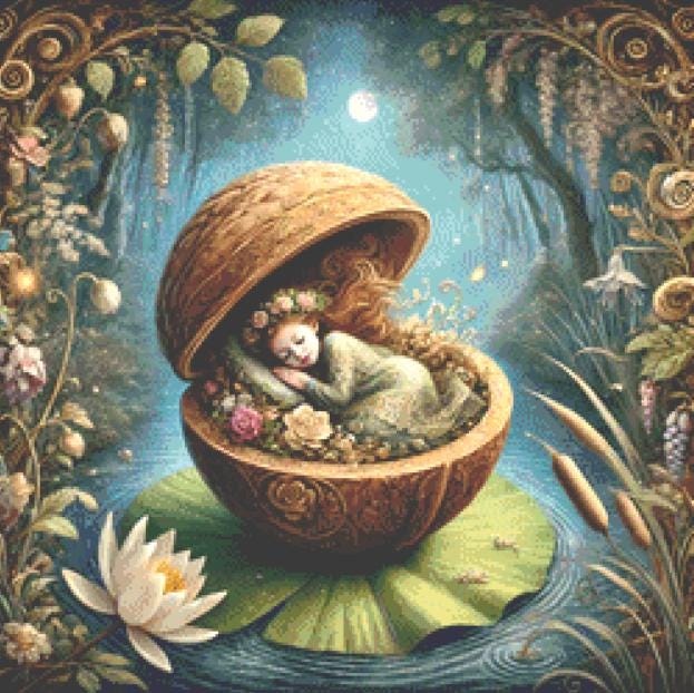 Thumbelina Asleep in a Walnut (Small) counted cross stitch pattern by Mystic Vision Gallery