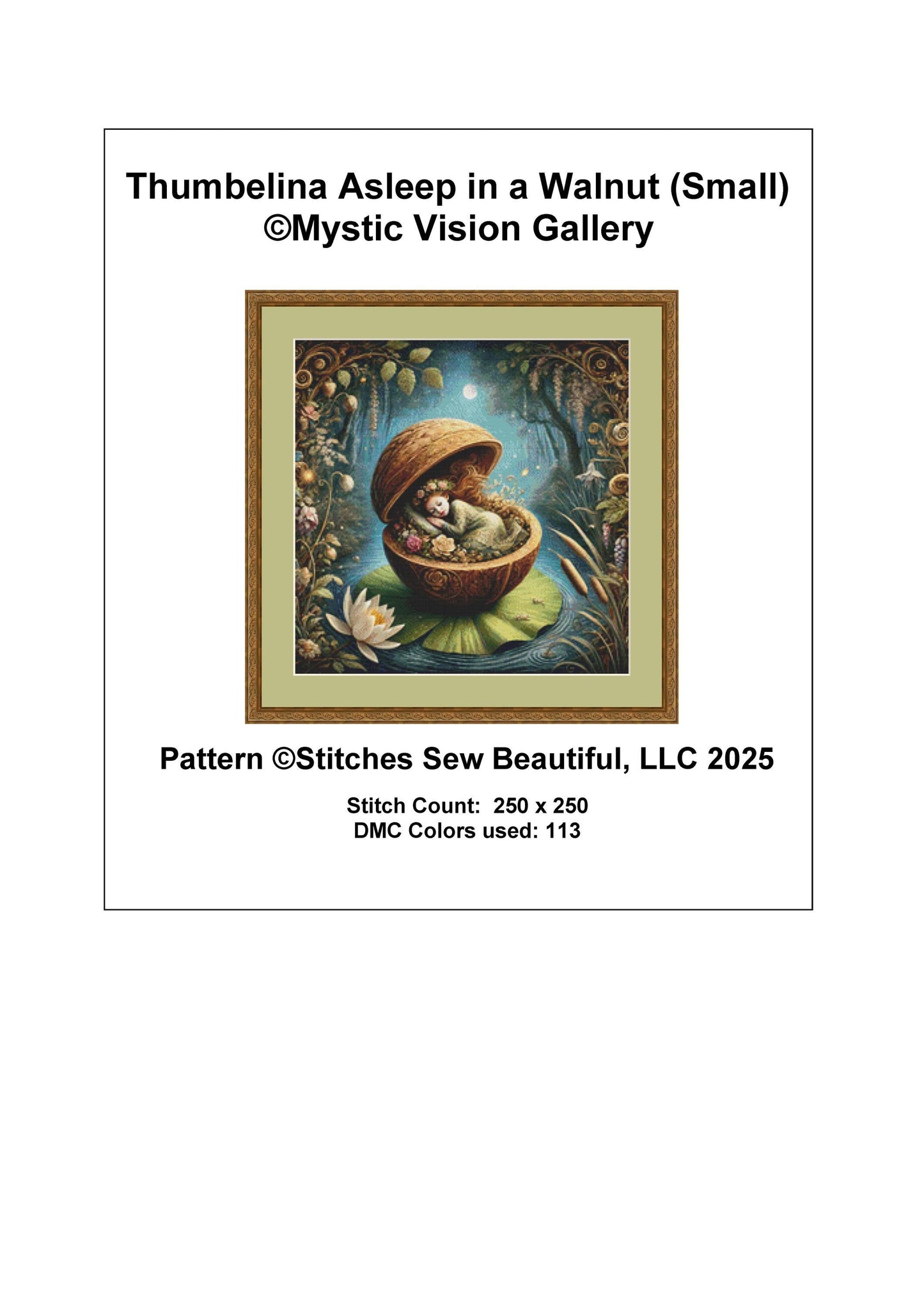 Thumbelina Asleep in a Walnut (Small) counted cross stitch pattern by Mystic Vision Gallery