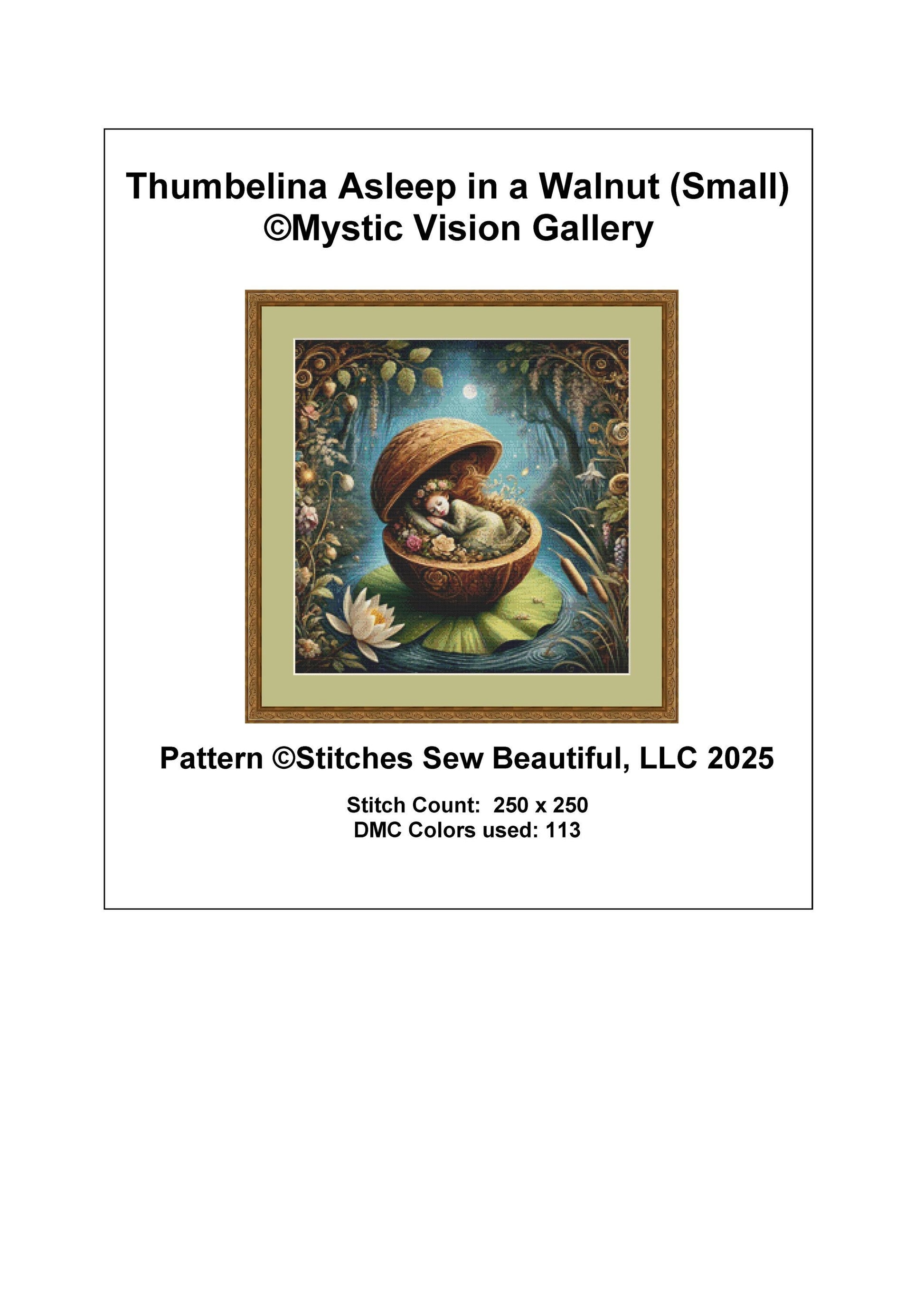 Thumbelina Asleep in a Walnut (Small) counted cross stitch pattern by Mystic Vision Gallery