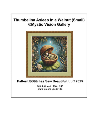 Thumbelina Asleep in a Walnut (Small) counted cross stitch pattern by Mystic Vision Gallery