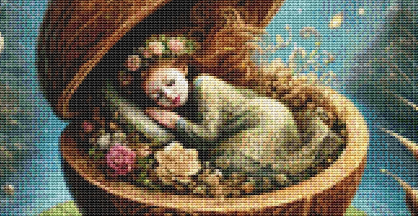 Thumbelina Asleep in a Walnut (Small) counted cross stitch pattern by Mystic Vision Gallery