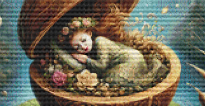 Thumbelina Asleep in a Walnut (Small) counted cross stitch pattern by Mystic Vision Gallery
