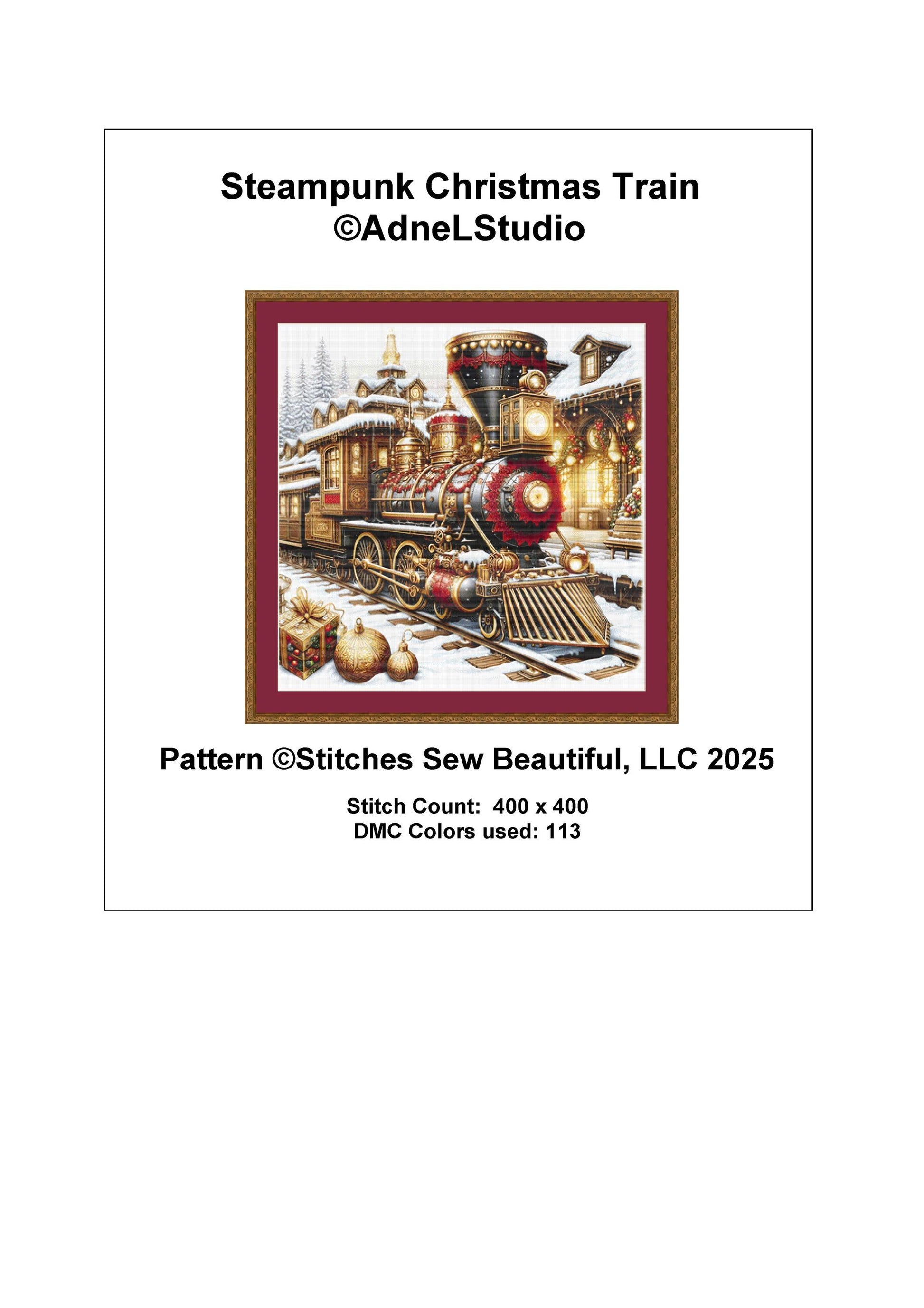 Steampunk Christmas Train counted cross stitch pattern by AdneLStudio