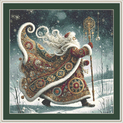 Gilded Green Santa counted cross stitch pattern by Mystic Vision Gallery