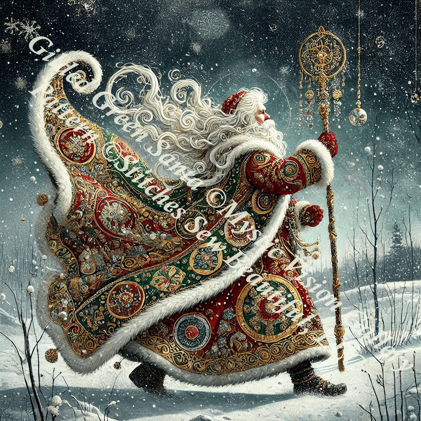 Gilded Green Santa counted cross stitch pattern by Mystic Vision Gallery