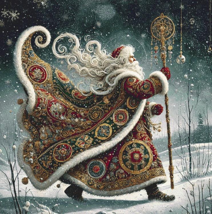Gilded Green Santa (Max Size/Color) counted cross stitch pattern by Mystic Vision Gallery