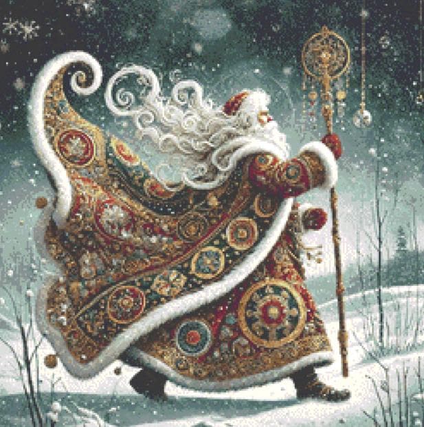 Gilded Green Santa (Small) counted cross stitch pattern by Mystic Vision Gallery