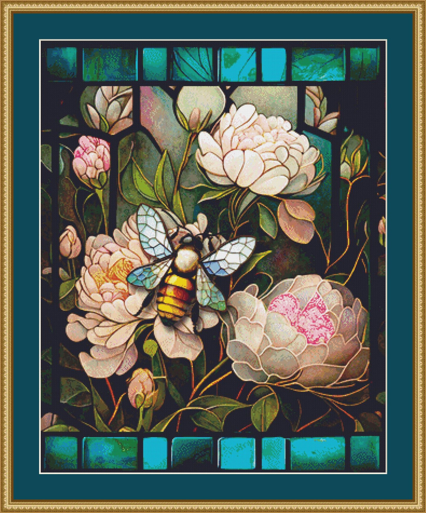 Stained Glass Peonies and Bee counted cross stitch pattern by Ivy Cottage Home