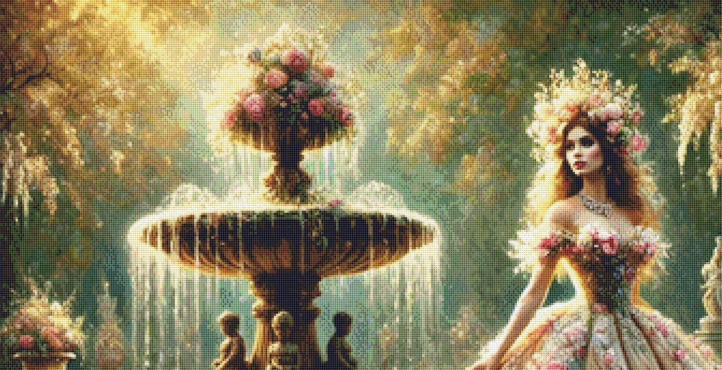 Romantic Princess and Fountain counted cross stitch pattern by Mystic Vision Gallery