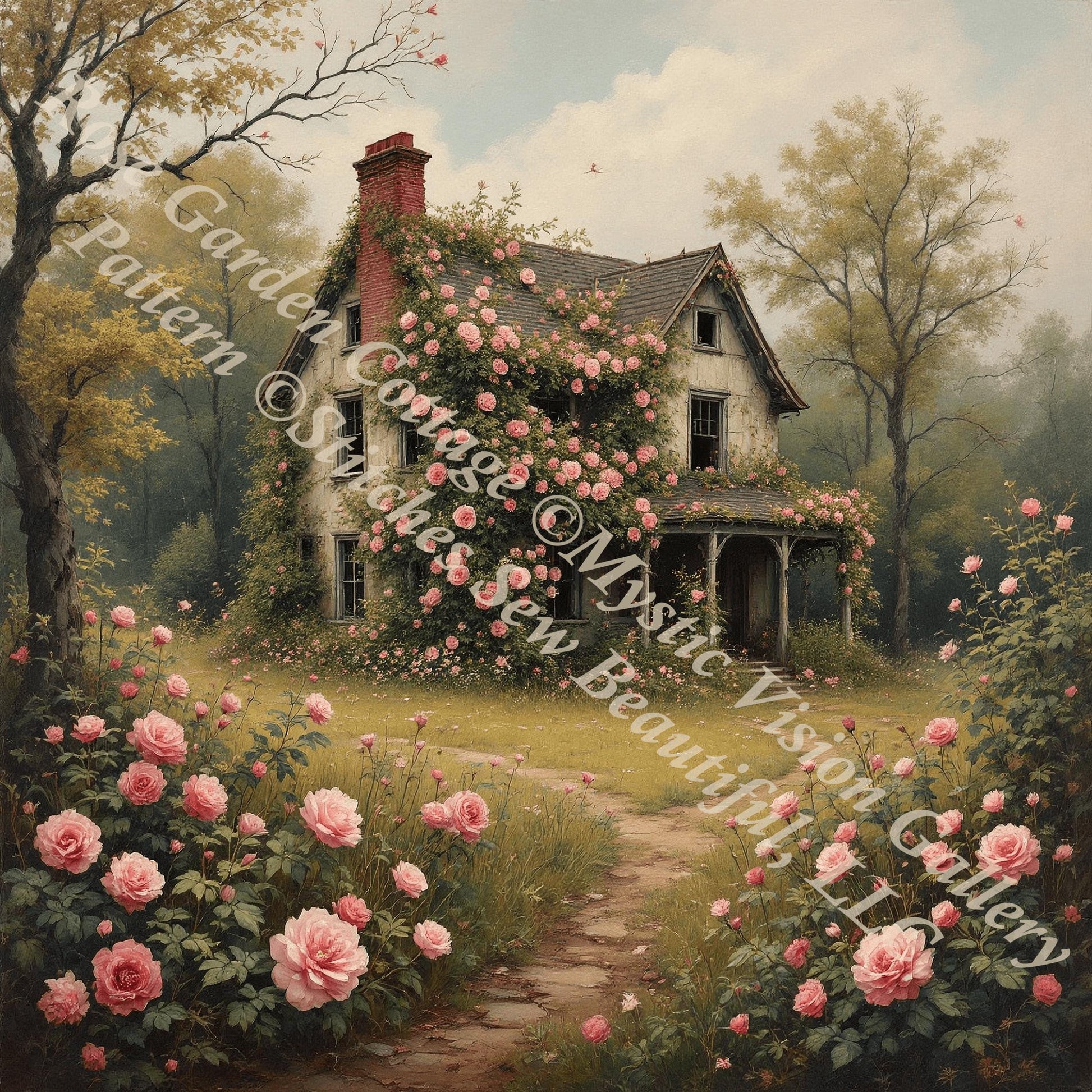 Rose Garden Cottage counted cross stitch pattern by Mystic Vision Gallery