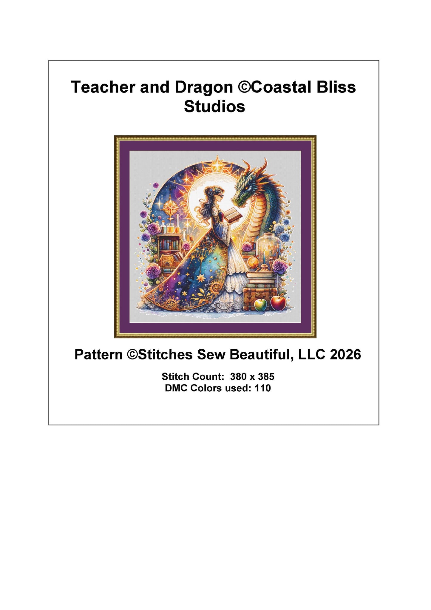 Teacher and Dragon counted cross stitch pattern by Coastal Bliss Studios