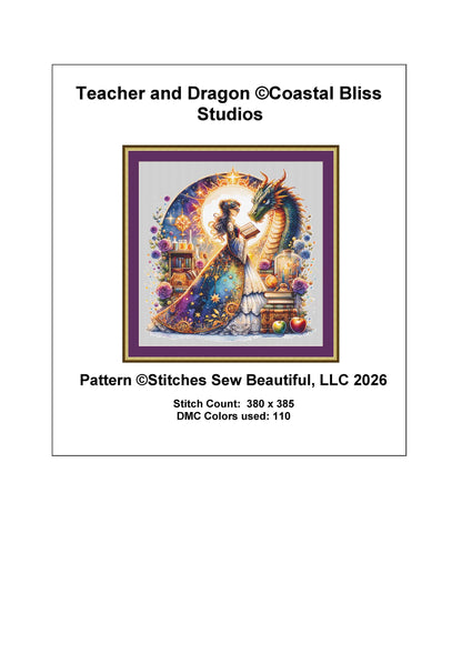 Teacher and Dragon counted cross stitch pattern by Coastal Bliss Studios