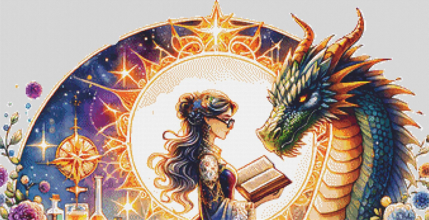 Teacher and Dragon counted cross stitch pattern by Coastal Bliss Studios