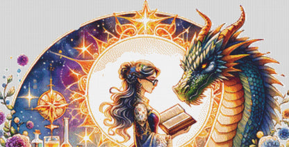Teacher and Dragon counted cross stitch pattern by Coastal Bliss Studios