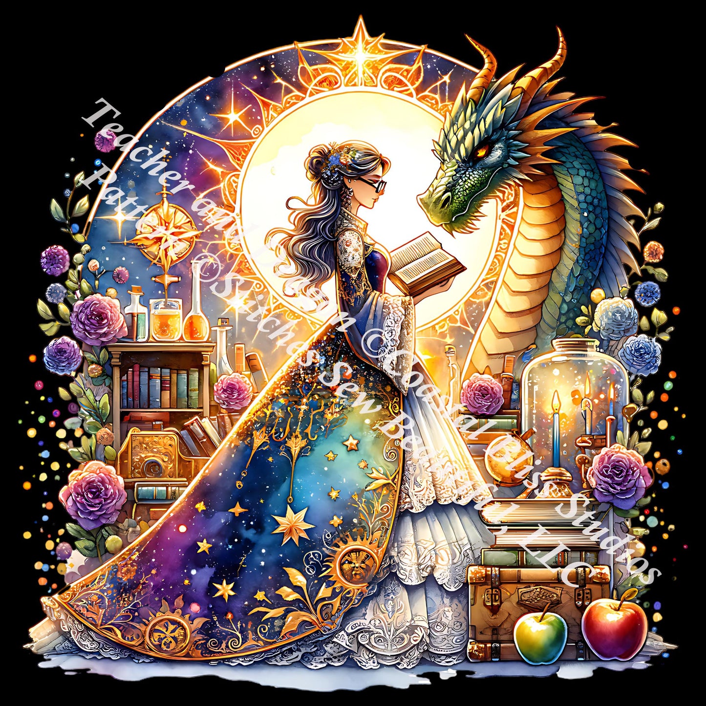 Teacher and Dragon counted cross stitch pattern by Coastal Bliss Studios