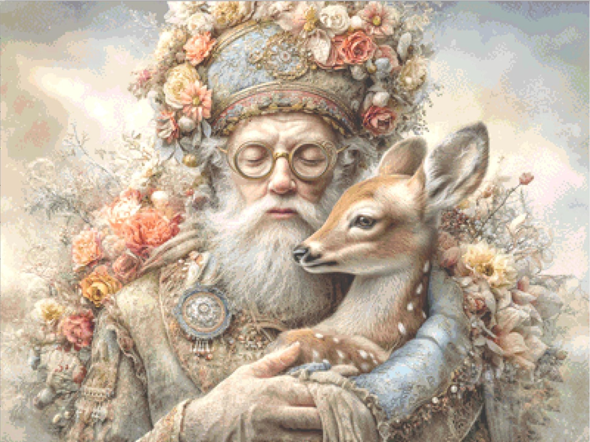 The Old Man and Fawn counted cross stitch pattern by Bryna T. Art & Design