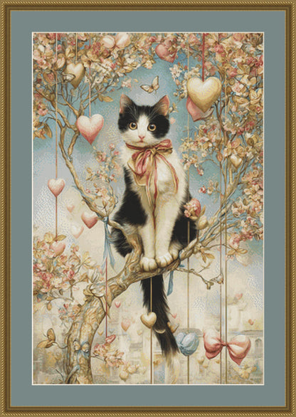 Cat on a Branch with Hearts counted cross stitch pattern by Bryna T. Art & Design