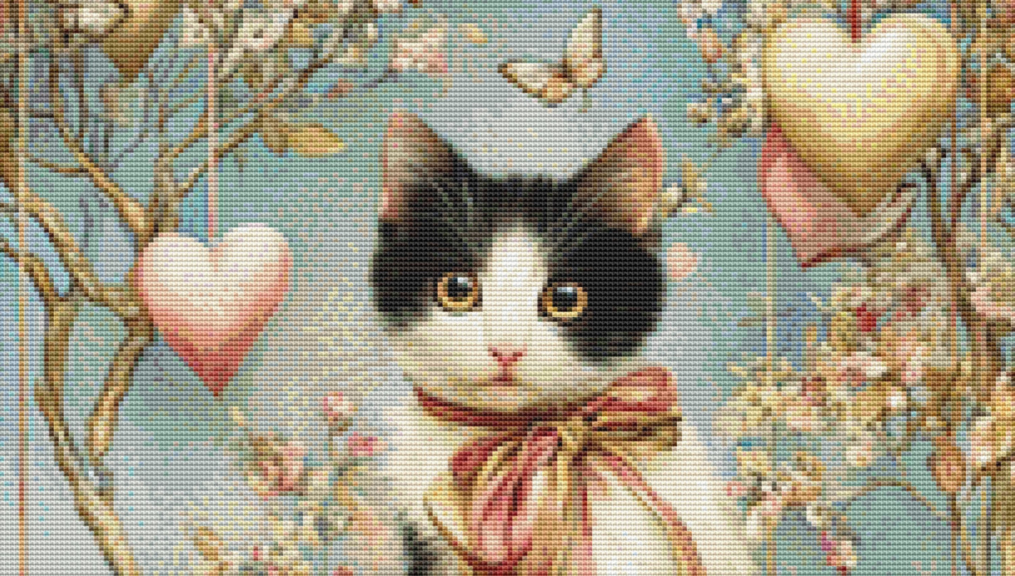 Cat on a Branch with Hearts counted cross stitch pattern by Bryna T. Art & Design