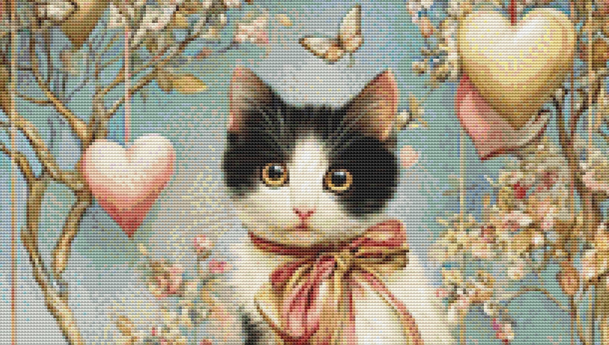Cat on a Branch with Hearts counted cross stitch pattern by Bryna T. Art & Design