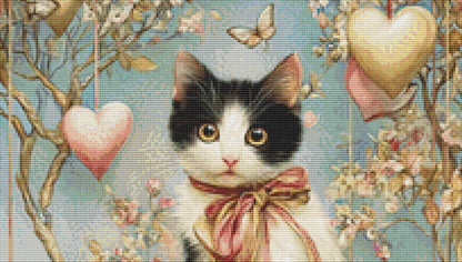 Cat on a Branch with Hearts counted cross stitch pattern by Bryna T. Art & Design
