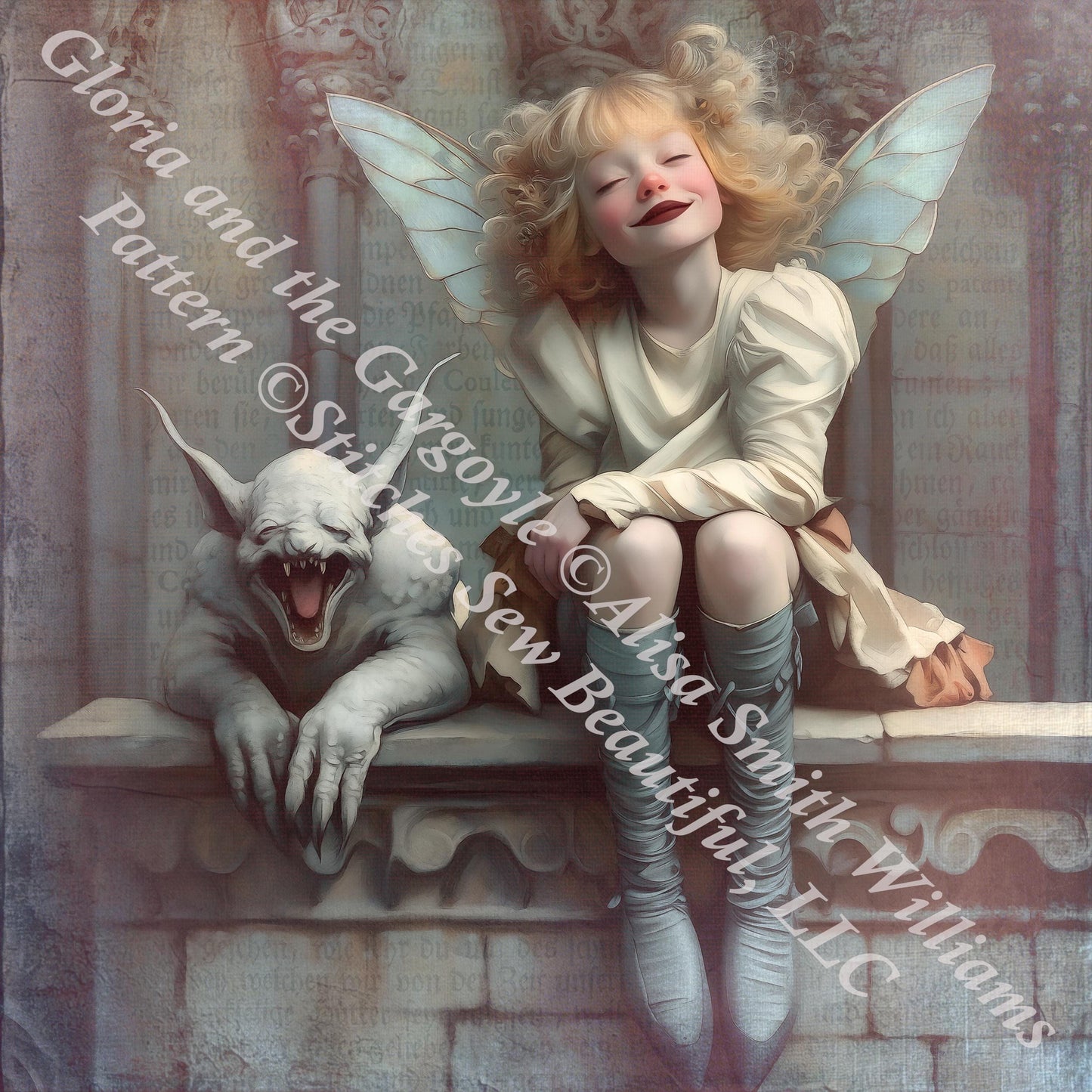 Gloria and the Gargoyle counted cross stitch pattern by Alisa Smith Williams