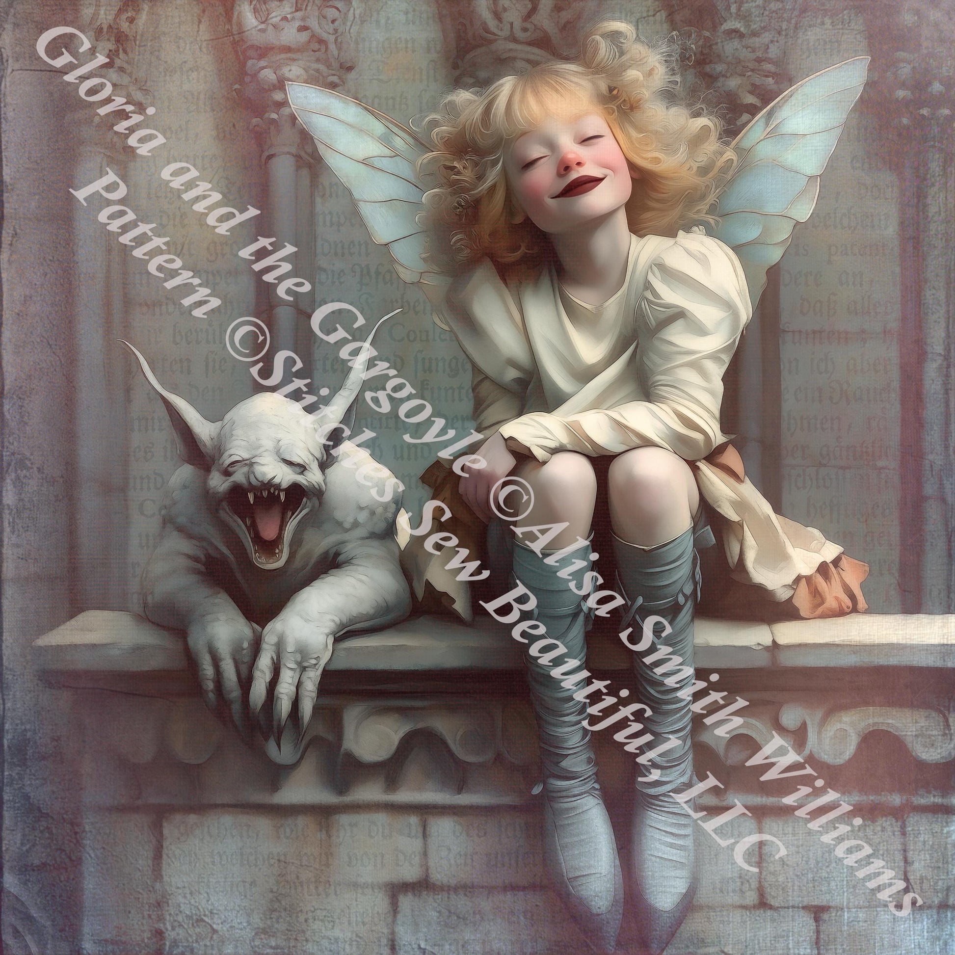 Gloria and the Gargoyle counted cross stitch pattern by Alisa Smith Williams