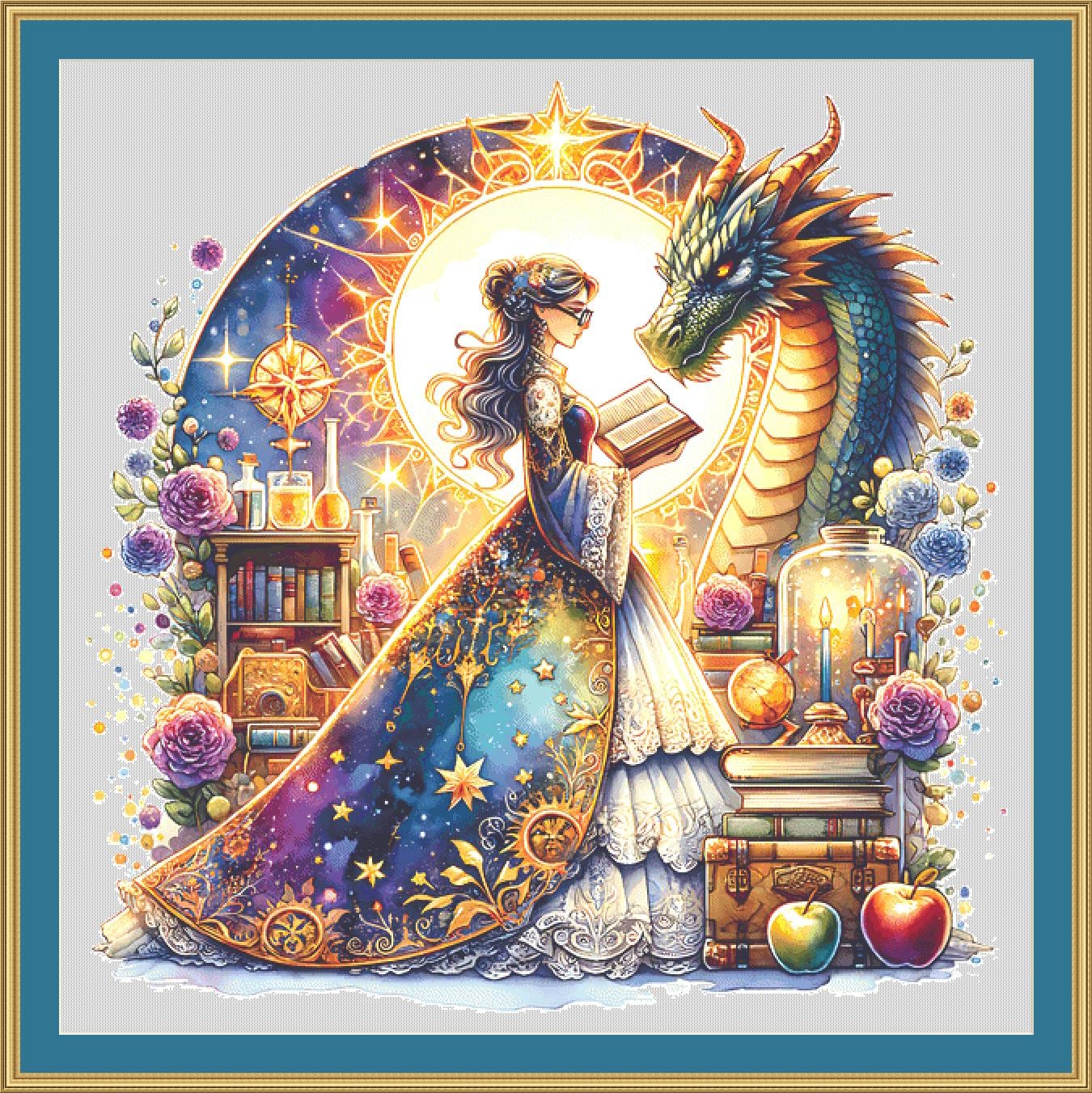 Teacher and Dragon (Max Size/Color) counted cross stitch pattern by Coastal Bliss Studios (Digital Format)