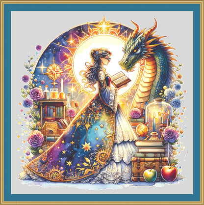 Teacher and Dragon (Max Size/Color) counted cross stitch pattern by Coastal Bliss Studios (Digital Format)
