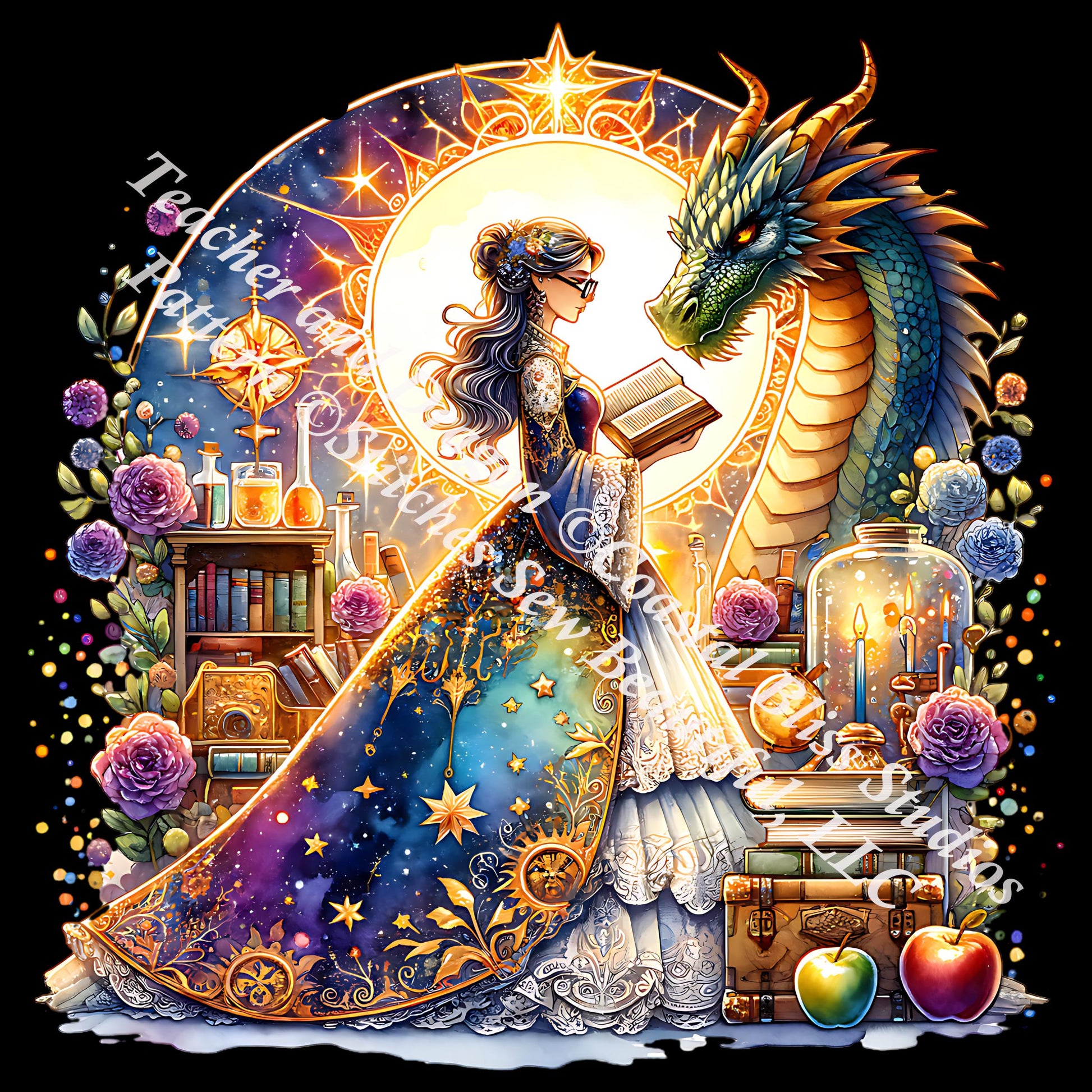 Teacher and Dragon (Max Size/Color) counted cross stitch pattern by Coastal Bliss Studios (Digital Format)