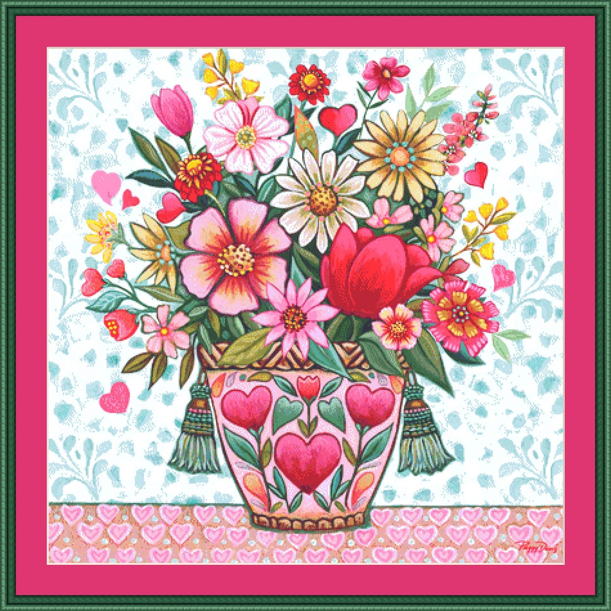 Happy Heart Floral 2 counted cross stitch pattern by Peggy Davis/Porterfields Fine Art Licensing