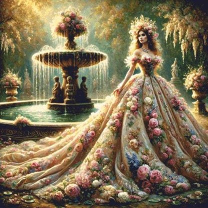 Romantic Princess and Fountain counted cross stitch pattern by Mystic Vision Gallery