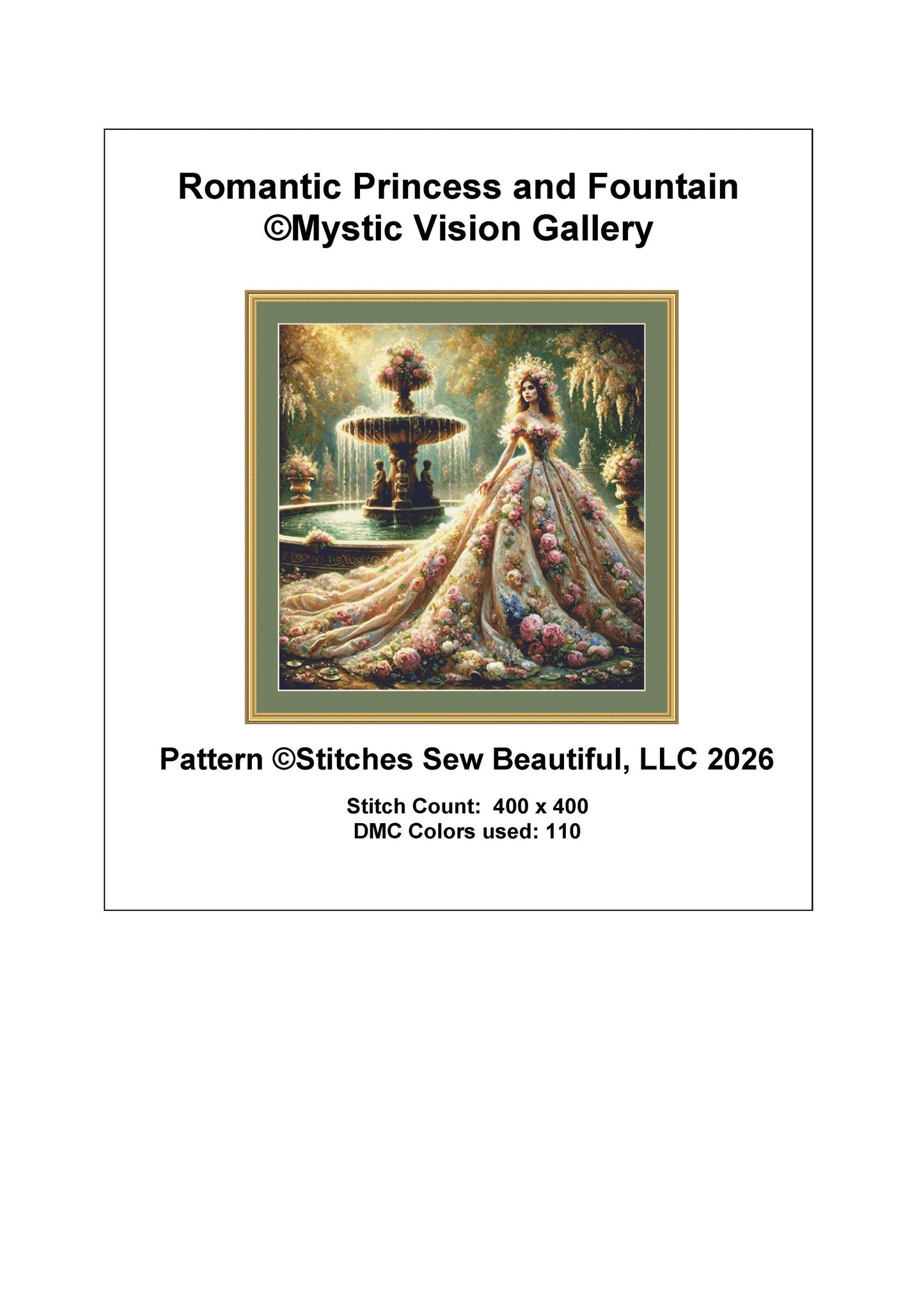 Romantic Princess and Fountain counted cross stitch pattern by Mystic Vision Gallery