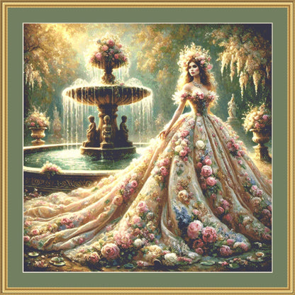 Romantic Princess and Fountain counted cross stitch pattern by Mystic Vision Gallery