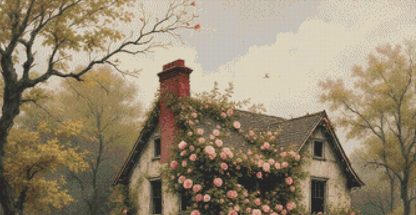 Rose Garden Cottage counted cross stitch pattern by Mystic Vision Gallery