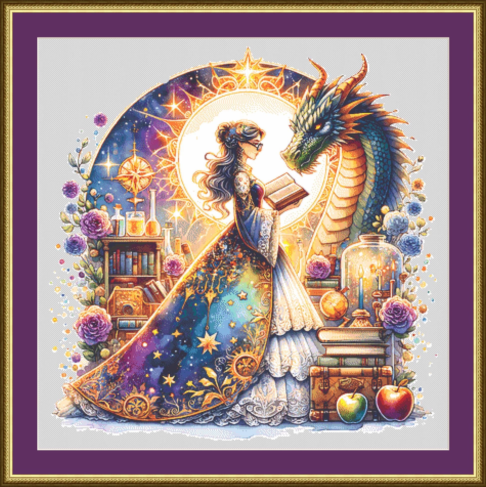 Teacher and Dragon counted cross stitch pattern by Coastal Bliss Studios