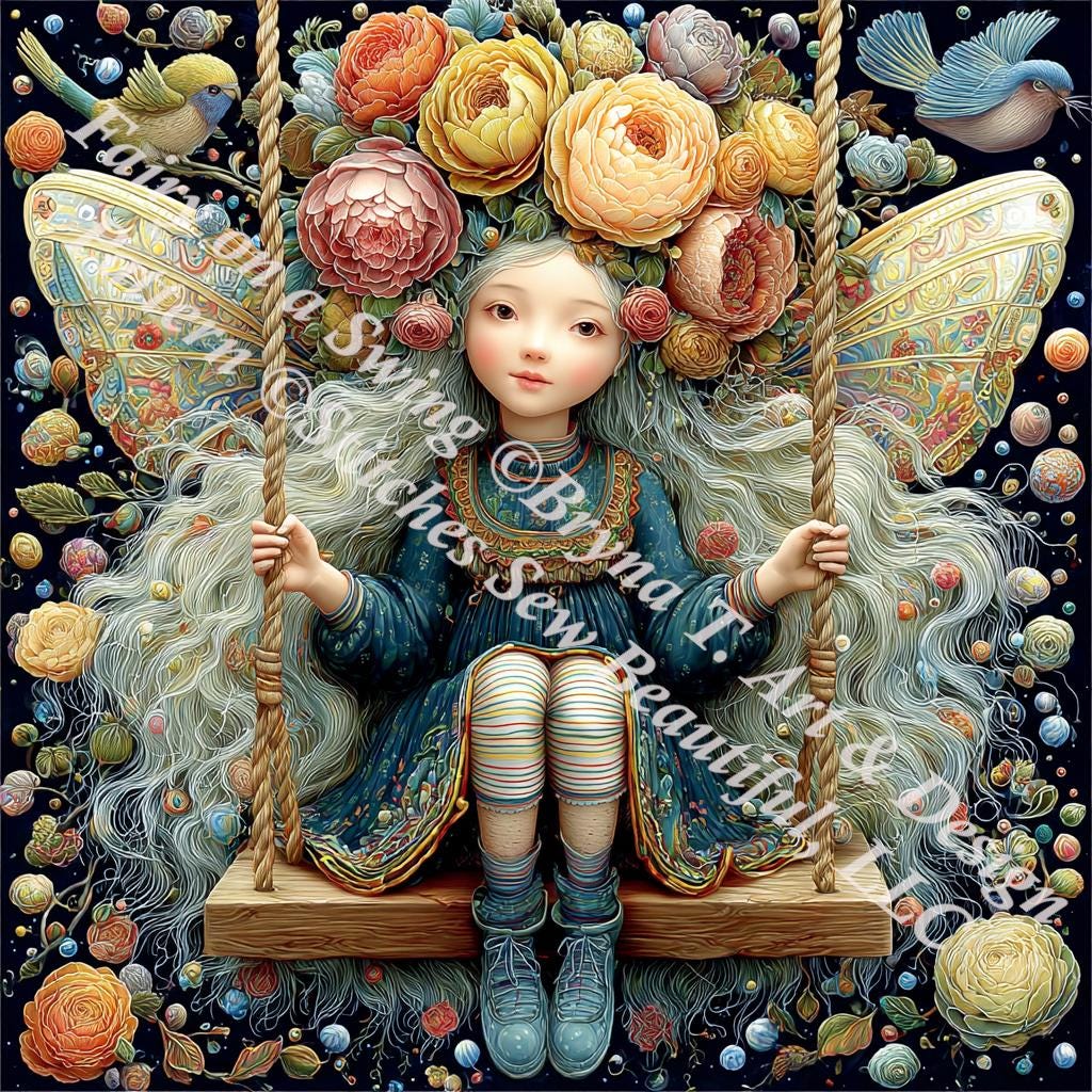 Fairy on a Swing (Max Size/Color) counted cross stitch pattern by Bryna T. Art & Design